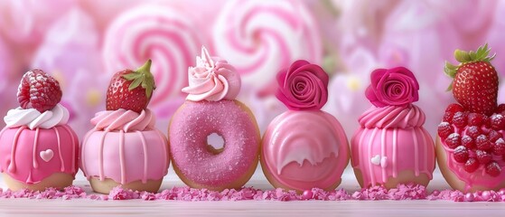   A row of doughnuts, each topped with pink frosting and a strawberry