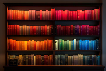 Visually striking arrangement of books organized by color on a bookshelf. Generative AI