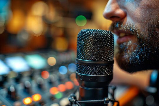 A close-up of a professional studio microphone awaits the artist's voice, set against a background of the various sound equipment