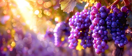   A vine laden with clusters of grapes, sun illuminating leaves beside it - obrazy, fototapety, plakaty