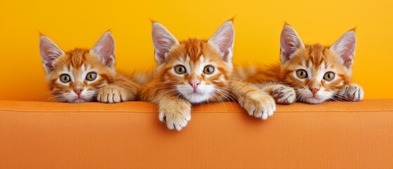   Three kittens sit on the couch, paws resting on its back, gazing at the camera