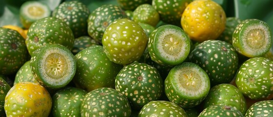   A stack of green and yellow fruit piled high