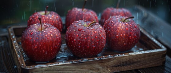   A red apple collection on a wooden tray, with water droplets beneath Placed atop a wooden table