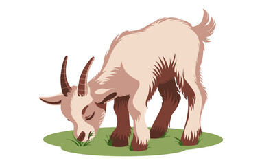 Goat. Grazing in the meadow. Vector drawing of a cartoon four-legged character. Domestic animal in crops. Cute goat in flat style. Small child, brute. Icon, illustration, web design, print.