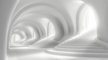   A set of stairs ascends to another set in a white-walled, white-room
