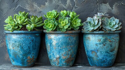   Three blue vases, each holding green plants, sit atop a wooden table In the background, a gray stone wall looms