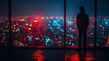   A man gazes out of a window onto a cityscape bathed in red, blue, and green lights at night
