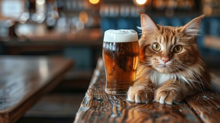   A cat atop a table, gazing at a glass of beer nearby, backdrop featuring a bar