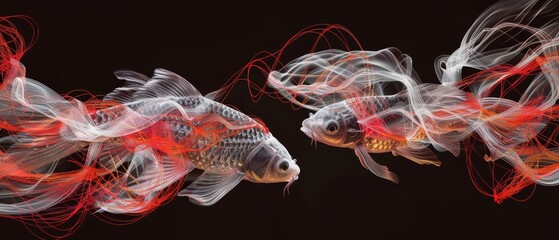   Two fish swimming side by side against a backdrop of absolute blackness Red and white swirls intermingle above them