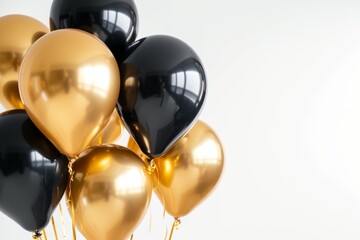 Gold and black holiday balloons on white background, birthday or anniversary concept
