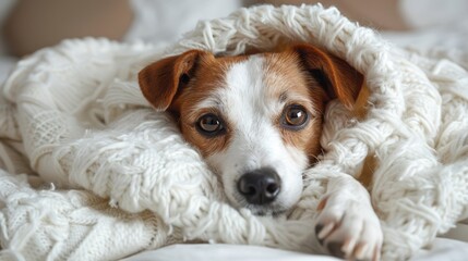   A small brown-and-white dog lies on a bed, covered in a blanket, gazing at the camera