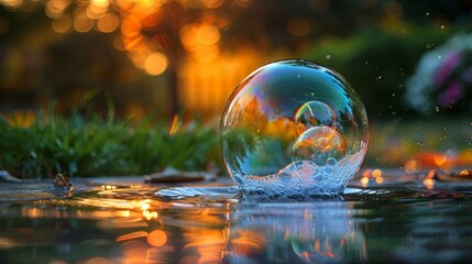   A glass orb resting atop a pool of water, situated in the heart of a lush grass and flower-filled meadow - obrazy, fototapety, plakaty