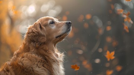   A tight shot of a dog gazing at a tree as leaves flutter around its face, background softly blurred