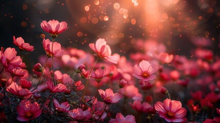   A field filled with pink flowers, centerlit by a radiant light