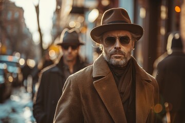 Obraz premium A pensive man dons a brown coat and hat with a blurry city street backdrop exuding a mysterious ambiance