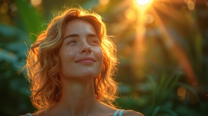   A woman gazes up at the sun-dappled sky through tree branches