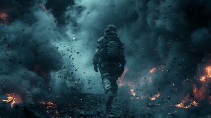   A man in a gas mask walks through a fiery field, emitting heavy plumes of smoke from behind