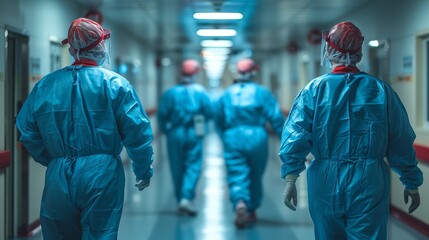   A team of medical staff in blue gowns and scarlet headcoverings walk the hallway