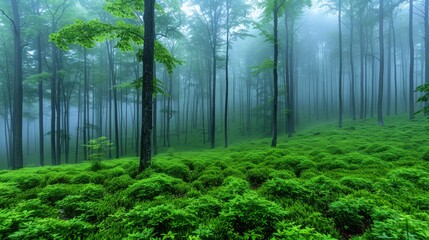   A lush, green forest teeming with numerous trees and bushes on a foggy day, nestled in the heart of the woods