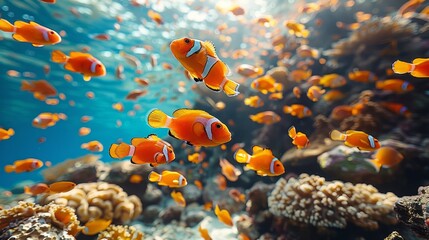 Fototapeta na wymiar A sizable school of orange-and-white fish swim in a vast aquarium teeming with corals and smaller fish