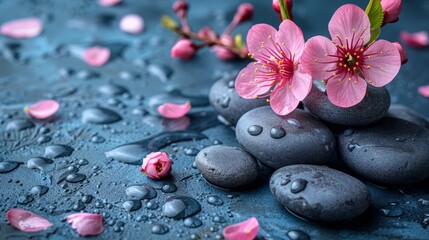   A pink bloom atop black boulders, dripping with watery pearls