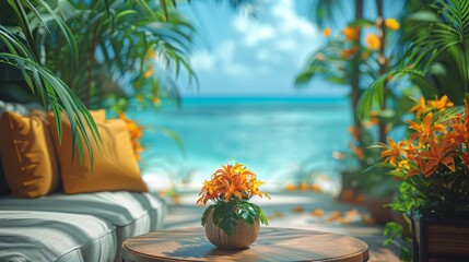   A table topped with a potted plant, situated beside a couch, offering a scenic view of the ocean - obrazy, fototapety, plakaty
