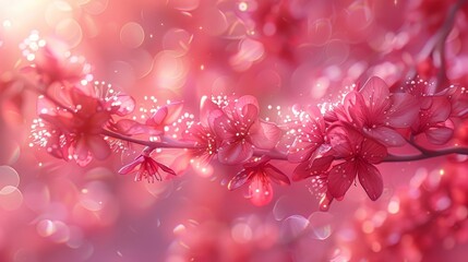   A pink flower on a branch, with dewdrops glistening on its petals, against a softly blurred background
