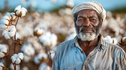   A man in a white turban stands before cotton field, blue sky background - obrazy, fototapety, plakaty