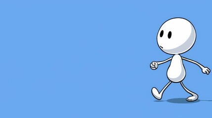   A white cartoon character is stepping on a blue background, lifting one foot and waving the other hand above his head