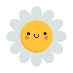 Cute cartoon smiling chamomile character. Childish style. Sun icon. Vector illustration