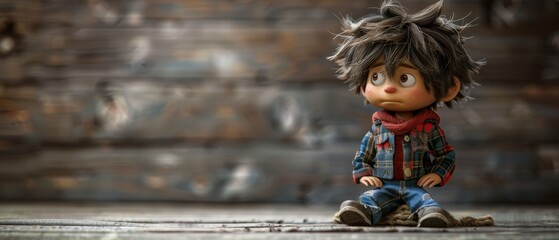   A small doll sits on the floor, its neck adorned with a red scarf The wind rustles through its unkempt hair
