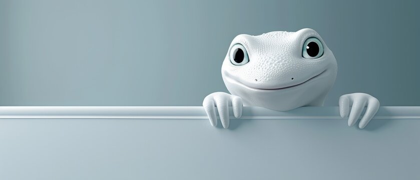   A white frog with big eyes peers from behind a single white wall, contrasted by a light blue background