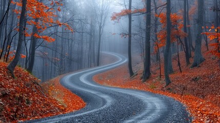   A winding road bordered by trees, their leaves transforming in hues of autumn