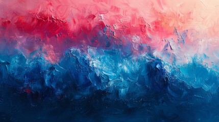  A painting featuring a blue, red, and pink palette against a white and blue backdrop, framed by a black border