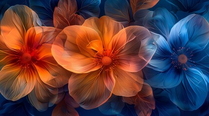   A tight shot of various blooms – blue, orange, and red petals – against a deep blue backdrop