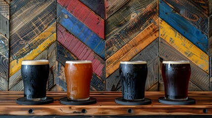   Three distinct types of beer align on a weathered wooden table against a vibrant multicolored wall backdrop