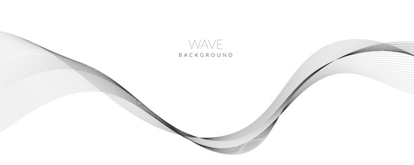 Abstract wave element for design. Digital frequency track equalizer. Stylized line art background. Vector illustration. Wave with lines created using blend tool. Curved wavy line, smooth stripe. - obrazy, fototapety, plakaty