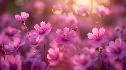   A field filled with pink flowers; sun shines through rightside blooms