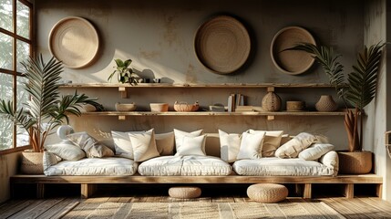   A couch situated in a living room, adjacent to a wooden shelf adorned with potted plants - obrazy, fototapety, plakaty