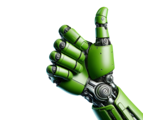 Robot thumb up. Green robot hand thumbs up. Robotic hand thumbs up. Green robotic thumb up transparent background.