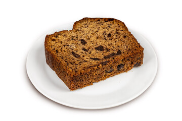 A slice of dark banana bread with cholate chips on a white plate isolated on white