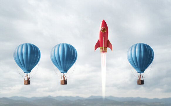 Business competitive advantage success as a group of hot air balloons racing to the top but an individual leader winning the competition using a bold solution