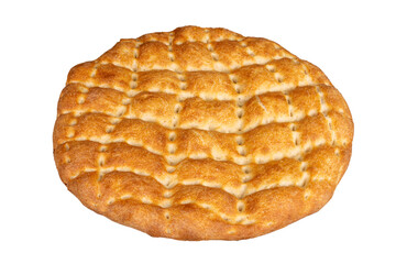 A large round oven baked traditional Persian or middle eastern shirmal bread isolated on white