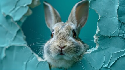  A rabbit's face, noses the camera from a hole in a blue-painted wall, showing peeling paint around its edges