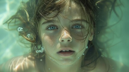   A tight shot of a young girl swimming in a pool, water dripping from her ears as she looks up, hair billowing in the wind, gazing directly into the camera