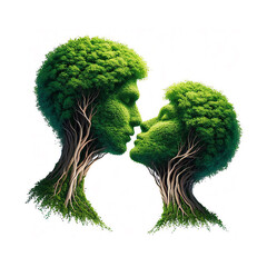 Two trees shaped as a human head attracted together as a devoted loving couple with kissing lips for a healthy passionate relation. Love therapy