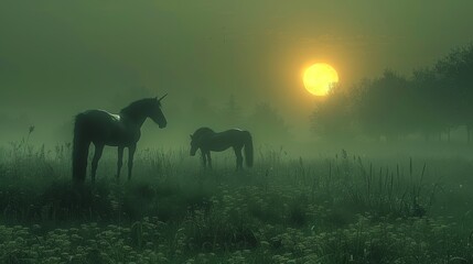   A few horses graze on a verdant field, surrounded by fog, with the sun hiding behind