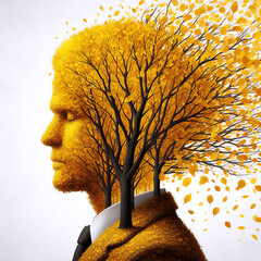 Trees in the shape of a human head and brain losing leaves as challenges in intelligence and memory loss due to injury or old age. White background