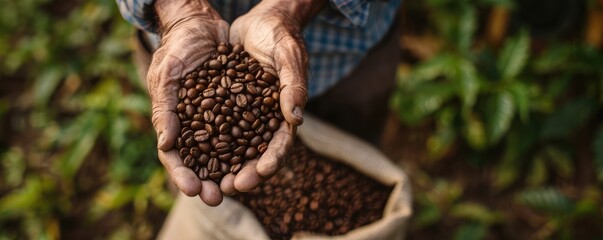 Close up of the farmes hand holding coffee beans in farm.