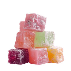 A stack of vibrant candy cubes, a sweet confectionery treat on a transparent background